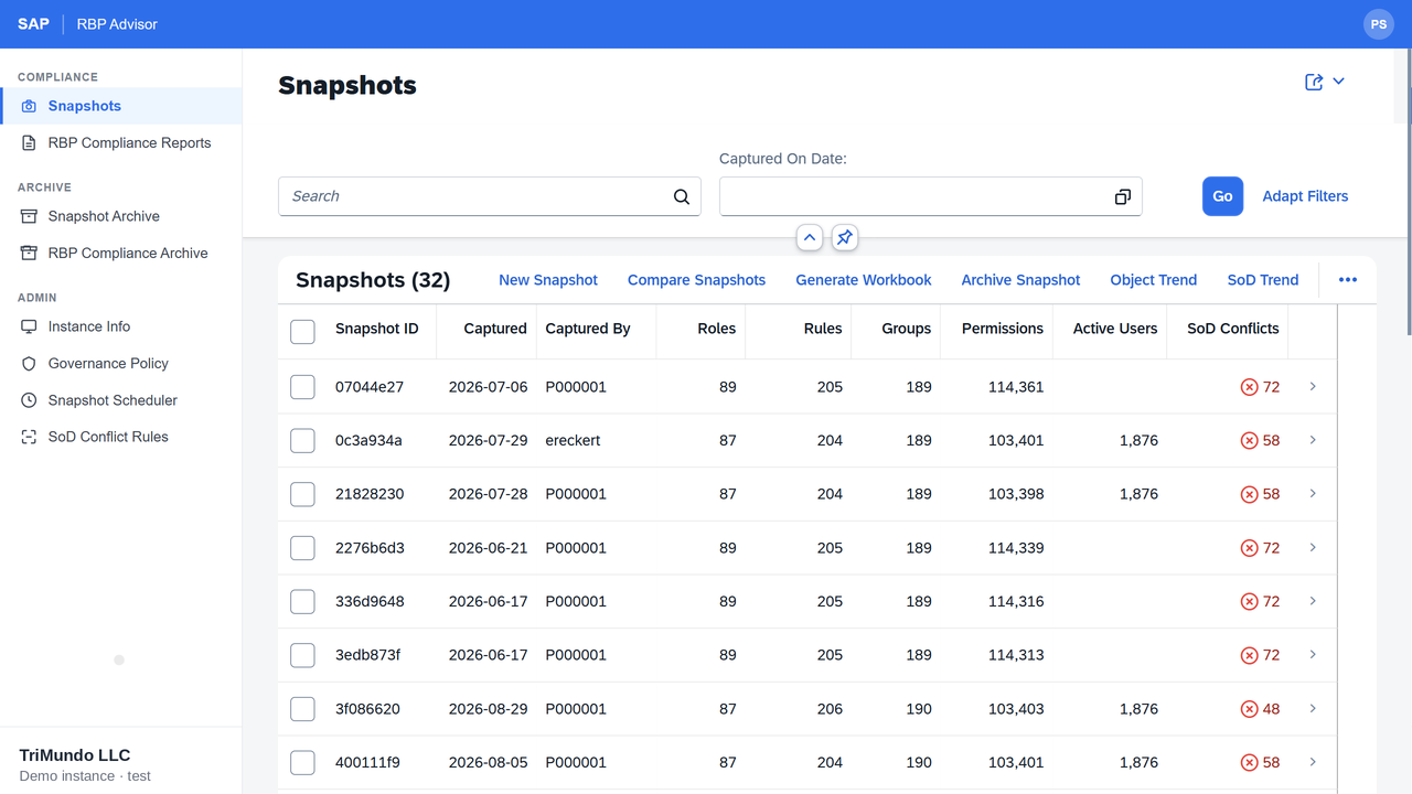 RBP Advisor snapshot list inside SAP SuccessFactors, showing capture history with role, rule, group, permission and SoD conflict counts for each snapshot